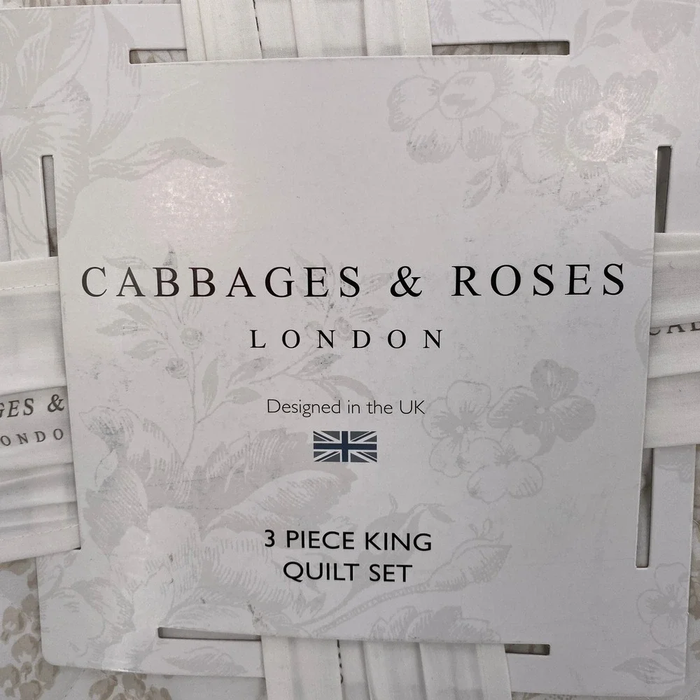 Cabbages & Roses Charlotte Quilt Set King White Natural Floral Cotton Percale